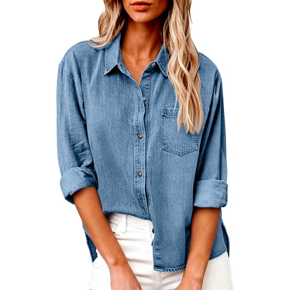 Enjoytime Denim Blouses for Women Dressy Casual Collared Button Down Shirts Fall Trendy Long Sleeve Tops