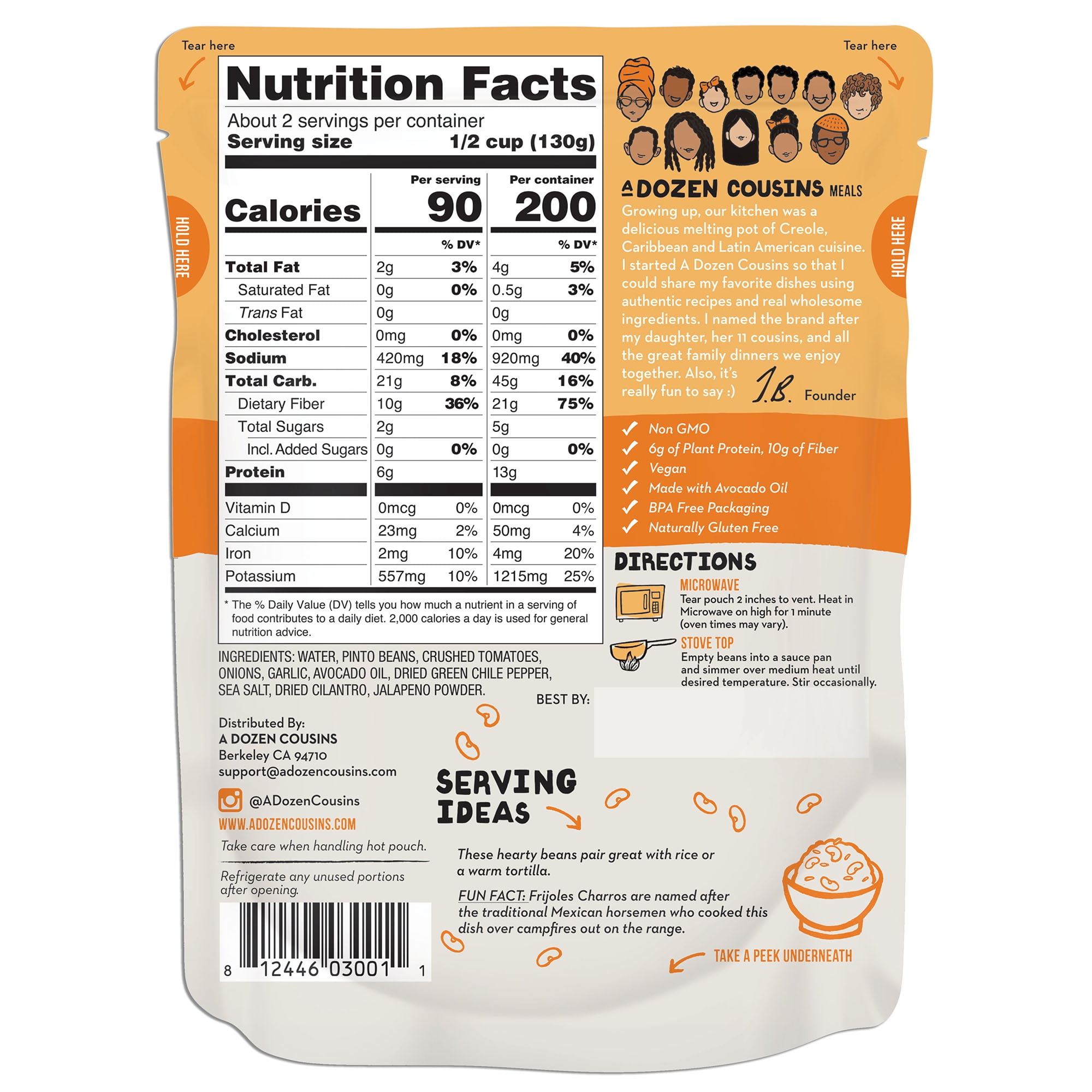 A Dozen Cousins Mexican Pinto Beans, Vegan Gluten-Free Microwaveable Seasoned Beans with Avocado Oil, 10 oz Pouches, 6 Pack