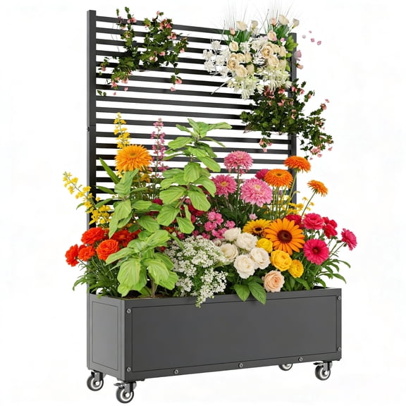 YOHKOH Metal Planter Box with Trellis Privacy Screen, 70.3"x47.2"x14.7" Raised Garden Bed, Lockable Casters & Drainage Holes for Climbing Plants, Patio, Black
