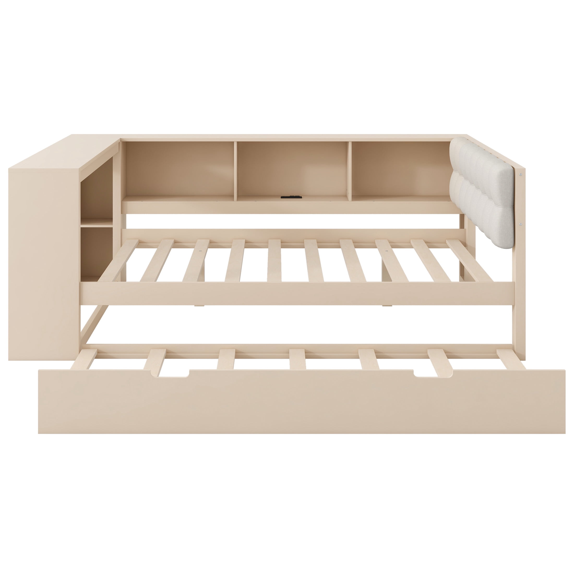 Noble House Full Wooden Platform Bed, Upholstered Headboard, Storage Shelves, Charging Station and Trundle, Cream