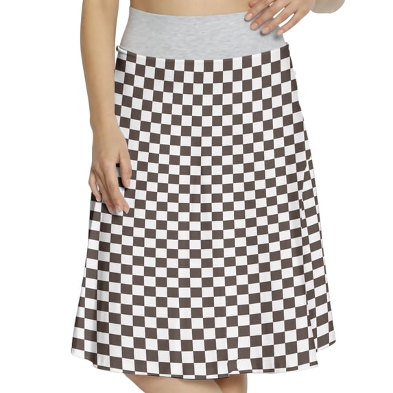 Women's Geometric Classic Checkered Pattern A-line Printed Skirt Casual Wear, L, Dark Brown White, by Ambesonne