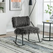 Plush Gray Faux Fur Nursery Rocking Chair - 25.2'' Wide, Mid-Century Modern Design with Metal Rocker, Comfortable Upholstery, Ideal for Living Room, Bedroom, and Baby Nursing