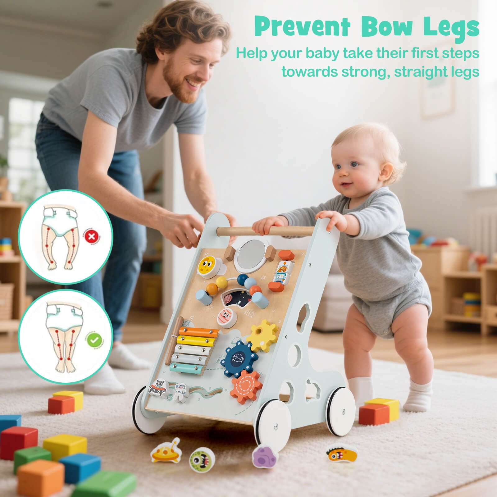 Infans Wooden Baby Walker Push and Pull Learning Activity Center with Wheels Push Toy
