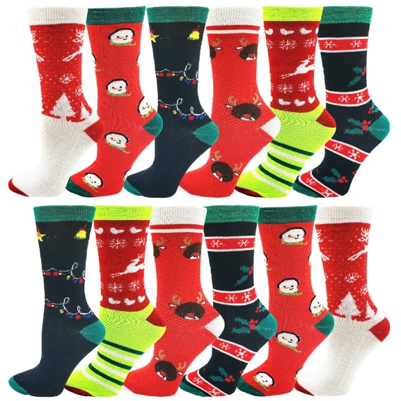 Women's Christmas Socks, 12 Pairs, Holiday Xmas, Novelty Colorful Patterns (Pack A)