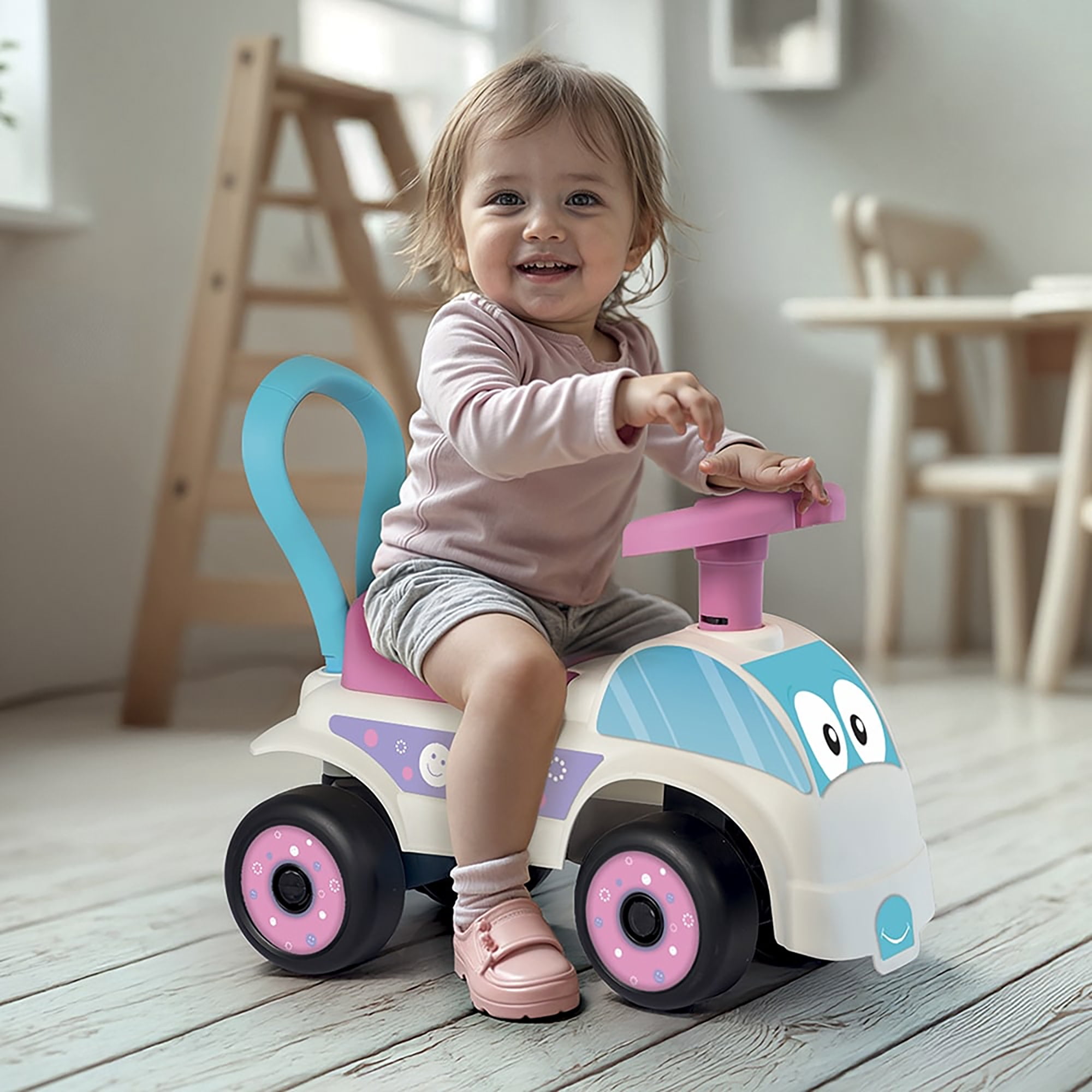 Dolu: Walk & Drive Foot to Floor Car - White & Pink - Ride-On Toy Vehicle, Horn, Storage Seat, Push-Pull Handle, Indoor-Outdoor Play, Toddlers 12mo+