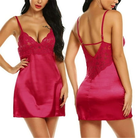 FOCUSNORM Women Lingerie Satin Silk Babydoll Lace Pajamas Set