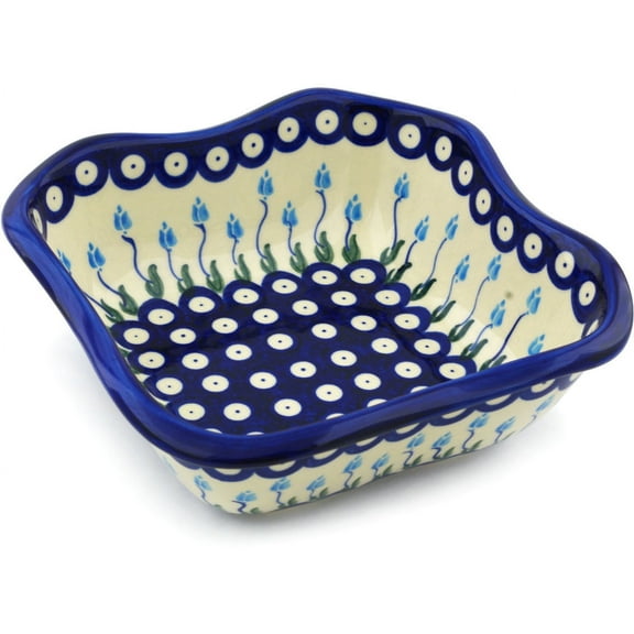 Polish Pottery 8-inch Square Bowl (Floral Peacock Theme) Hand Painted in Boleslawiec, Poland   Certificate of Authenticity