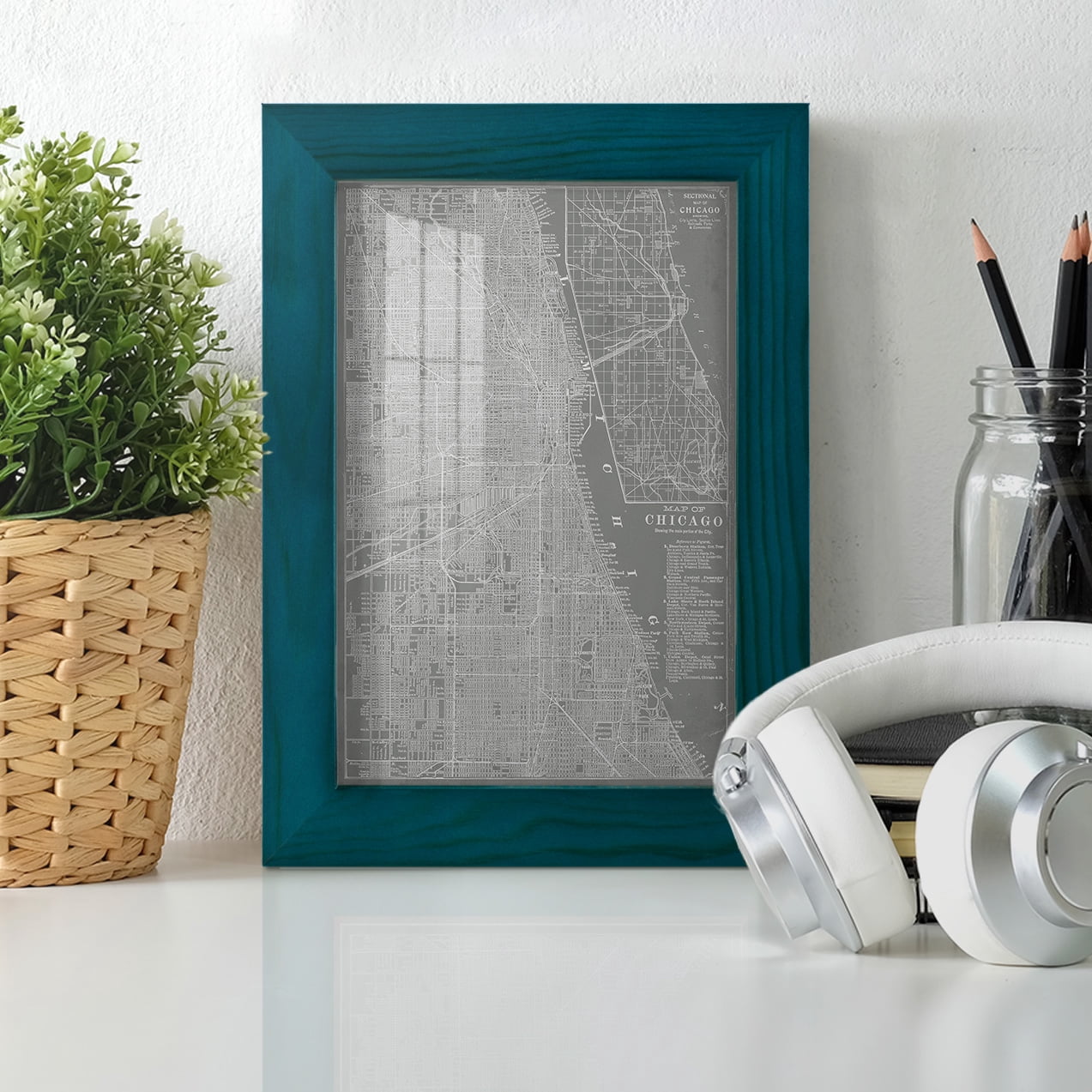 City Map of Chicago -Framed Print w/glass-Ocean Blue