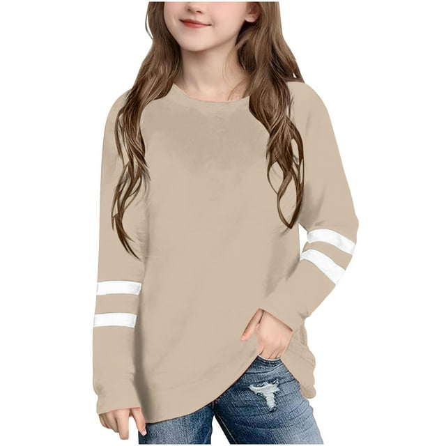 Chemises Surdimensionnées pour Filles Col Rond Basique Chandail Confort Manches Longues Tee Rayé 3-14 Ans