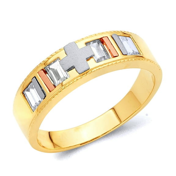 Wellingsale Men's Solid 14k Tri 3 Color Gold Polished CZ Cubic Zirconia Wedding Band with Cross - Size 8