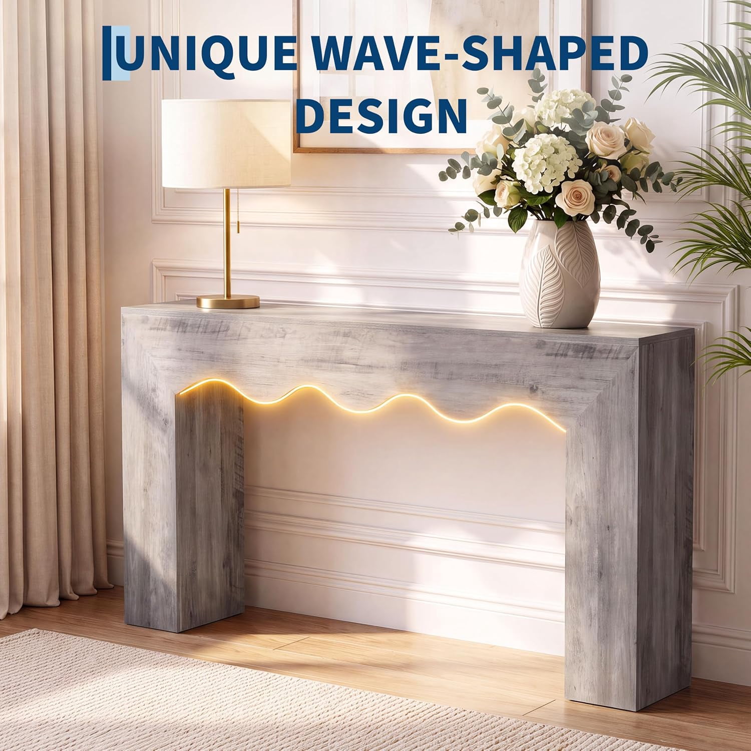 63" Farmhouse Console Table, Wooden Texture Entryway Table with Wave Design, Sturdy Sofa Table Behind Couch, 300LB Capacity Hallway Table for Living Room, Gray