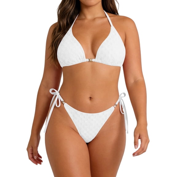 Ohufall Women Plus Size Bikinis Swimsuits High Cut Drawstring Halter Swimwear Backless Fashion Summer Beach Bathing Suit