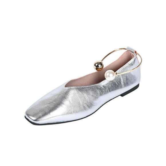 Xfvqtps Womens Metallic Glitter Flats Slip on Shoes Pearl Ankle Buckle Loafers for Women Shiny Party Shoes Comfortable Evening Shoes Dressy Casual Shoes Silver
