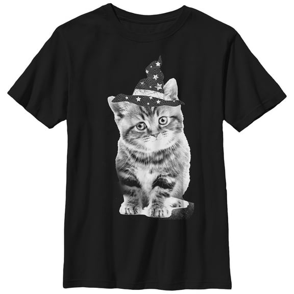 Boy's Lost Gods Halloween Witch Kitten  Graphic Tee Black X Large