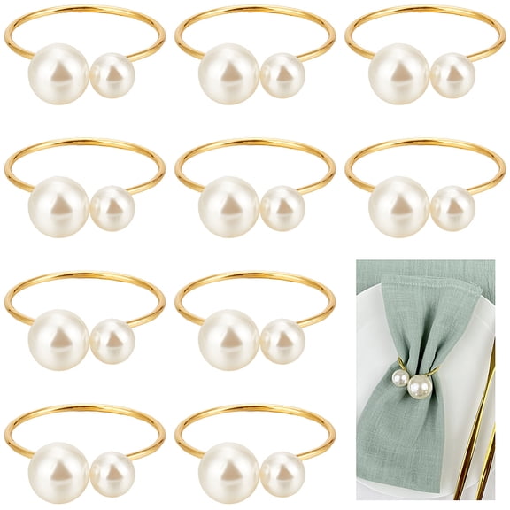 12Pcs Alloy Napkin Rings with Round Imitation Pearl Beads Napkin Holder Adornment Restaurant Daily Accessiroes Golden 57.5x42.5x16mm