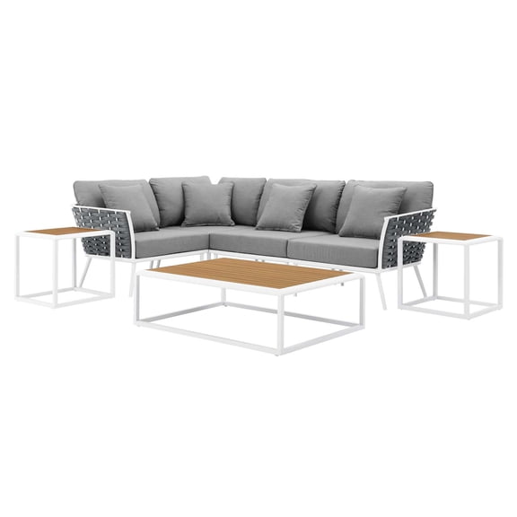 Lounge Sectional Sofa Chair Table Set, White Grey Gray, Aluminum, Metal, Fabric, Modern Contemporary, Outdoor Patio Balcony Cafe Bistro Garden Furniture Hotel Hospitality