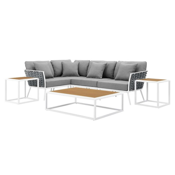 Lounge Sectional Sofa Chair Table Set, White Grey Gray, Aluminum, Metal, Fabric, Modern Contemporary, Outdoor Patio Balcony Cafe Bistro Garden Furniture Hotel Hospitality