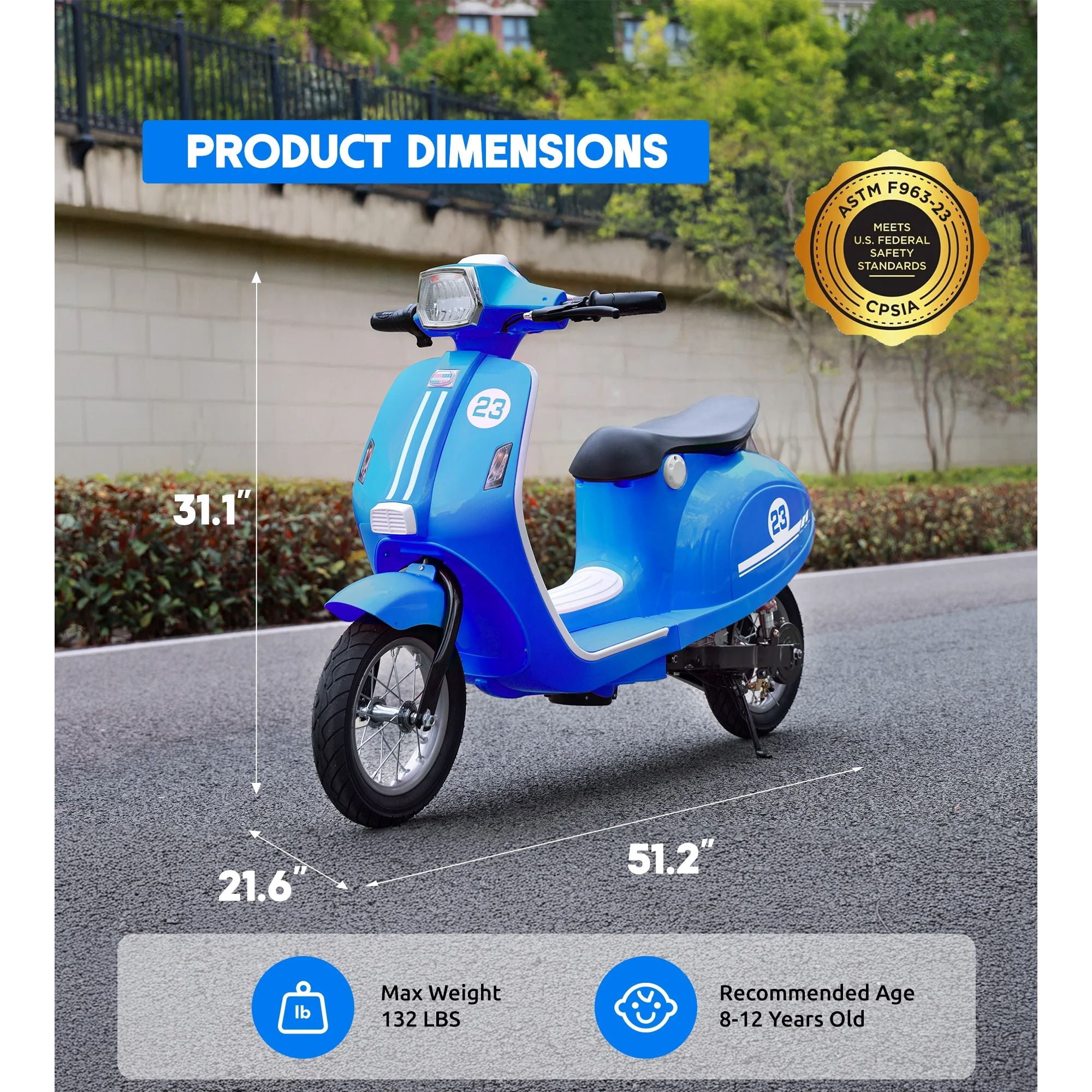 ORFELD 24V Kids Electric Motorcycle,Retro-Style Ride-On Toy for Ages 8-15, 14MPH Max Speed, LED Lights & Music, All-Terrain Tires,Blue
