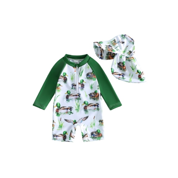 BemeyourBBs Toddler Baby Boy Girl Duck One Piece Swimsuit Set Infant Boy Girl Bathing Suit Mallard Print Long Sleeve Rash Guard Swimwear and Hat Set Pool Summer Beachwear