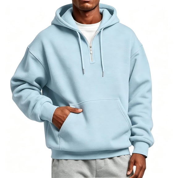 TKKCS Mens Quarter Zip Hoodie Drawstring Loose Fit Pullover Long Sleeve Casual Sweatshirt with Kangaroo Pocket Light Blue XL