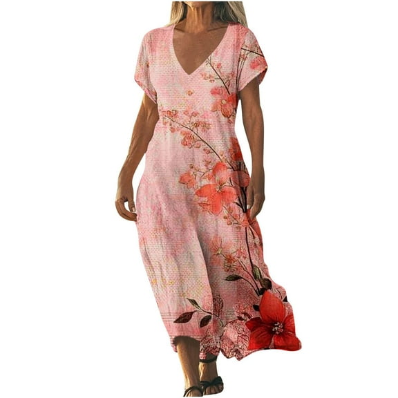 Levmjia Casual Dresses For Women Floral Print Short Sleeve Round Neck Summer Comfortable Polyester Spandex Stretchy Vacation Beach Office Wear Multi Color Options