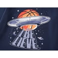 thumbnail image 3 of FOSTKU Navy Crewneck T-Shirt for Boys - Soft Long Sleeve Vibrant Space-Themed UFO & Basketball Graphic Tee Size 14, 3 of 7