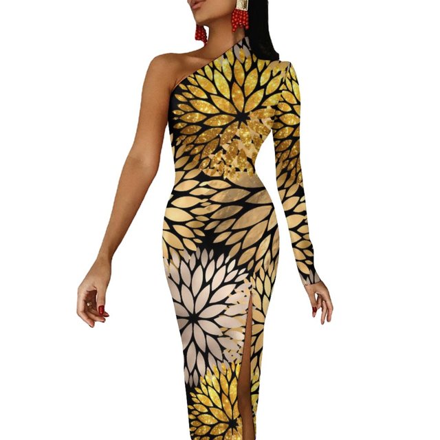 Robe Maxi à Imprimé Floral Doré Manches Longues Moderne Fleurs Rétro Robe Moulante Printemps Fête Longues Robes Femmes Vestido Personnalisé