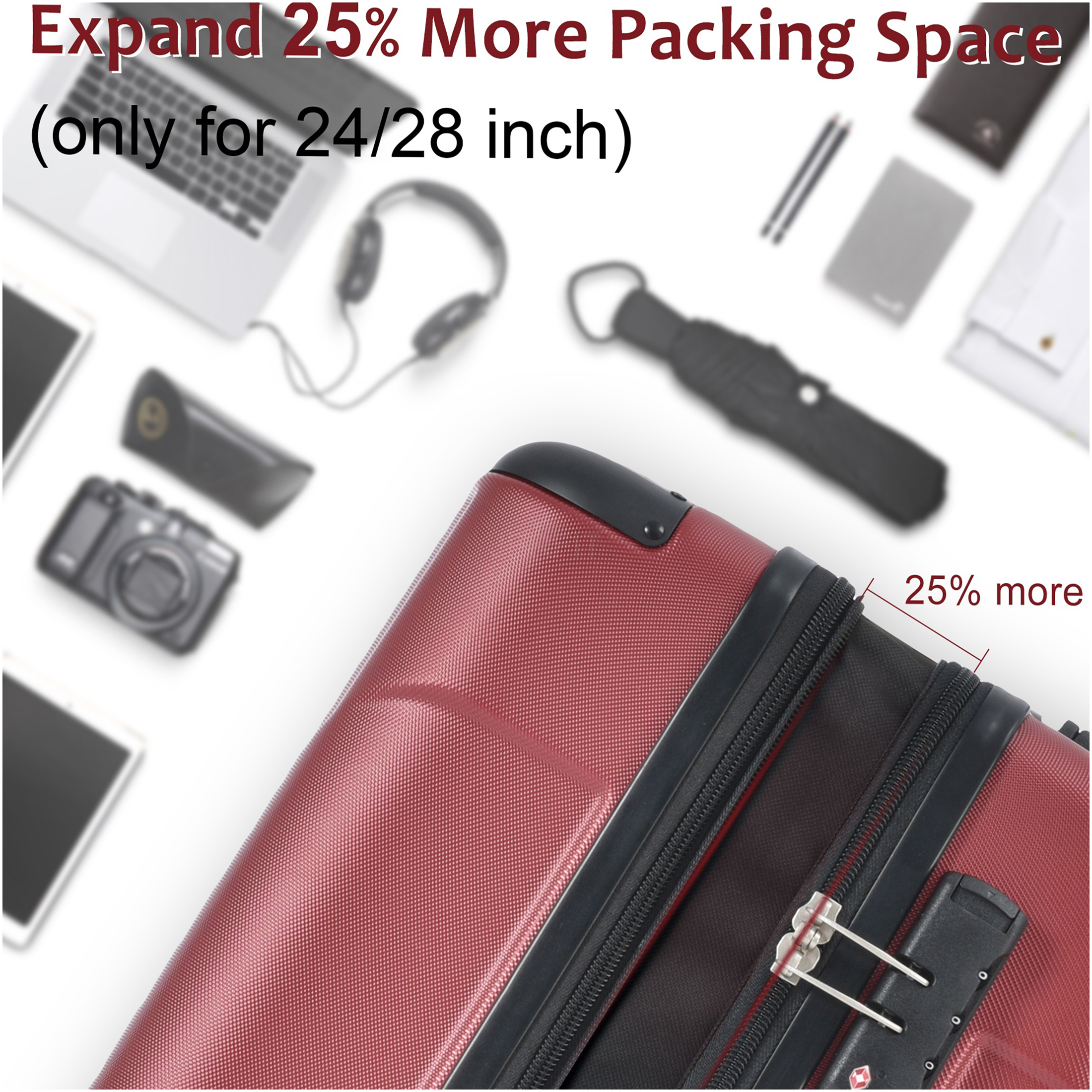 JERFIT 24" Expandable Hardshell Suitcase, Lightweight ABS Checked Luggage with TSA Lock & 8 Spinner Wheels, Durable Red Travel Bag