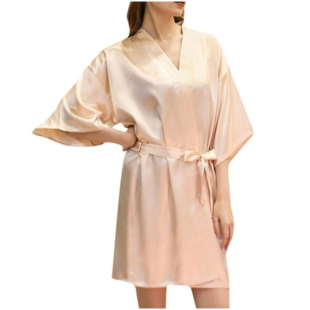 VONCOS Women s Satin Robe Sleepwear- Bathrobe Valentines Lingerie for Women Sling Summer Sexy Short Robes Beige Size L
