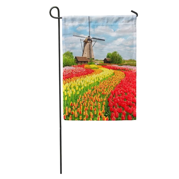 SIDONKU Traditional Netherlands Holland Dutch Scenery One Typical Windmill and Tulips Garden Flag Decorative Flag House Banner 28x40 inch