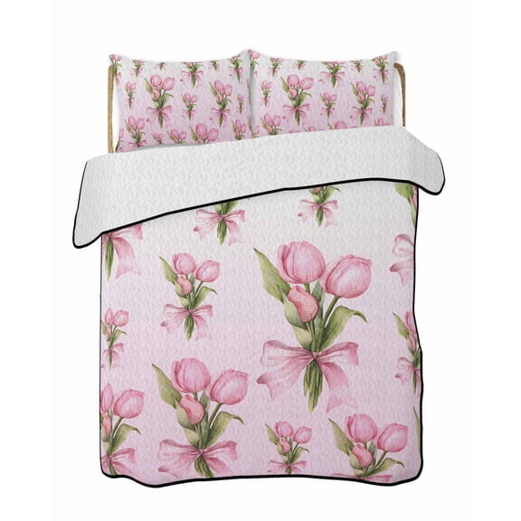 Twin XL Quilt Bedding Set, Pink Tulip Reversible Summer Quilt 3 Pieces, Spring Botanical Flowers Floral Branches Lightweight Bedspreads Coverlets with 2 Pillow Shams for All Seasons