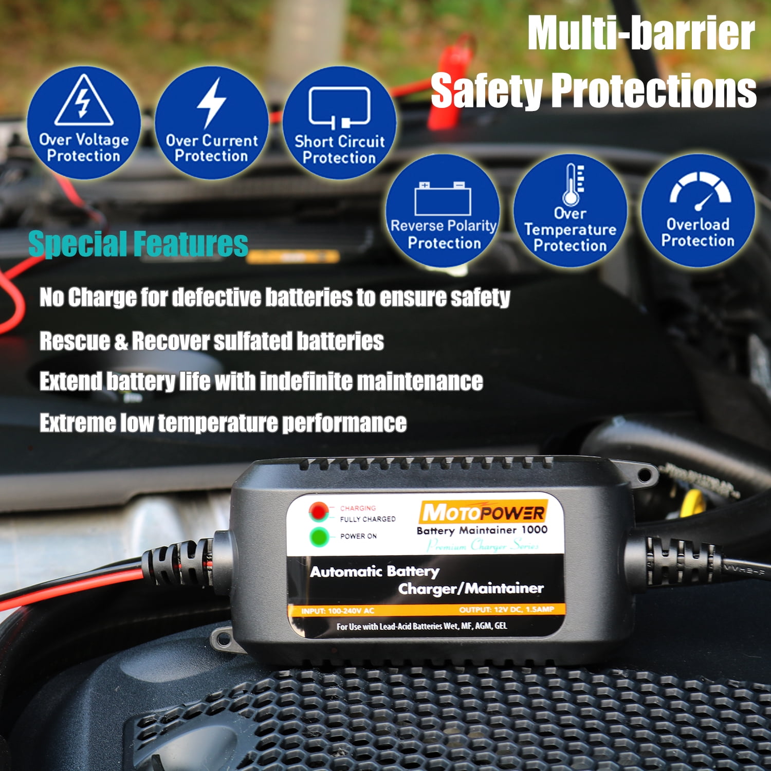 MOTOPOWER 12V 1.5Amp Automatic Battery Charger, Battery Maintainer for Cars, Motorcycles, ATVs, RVs, Powersports