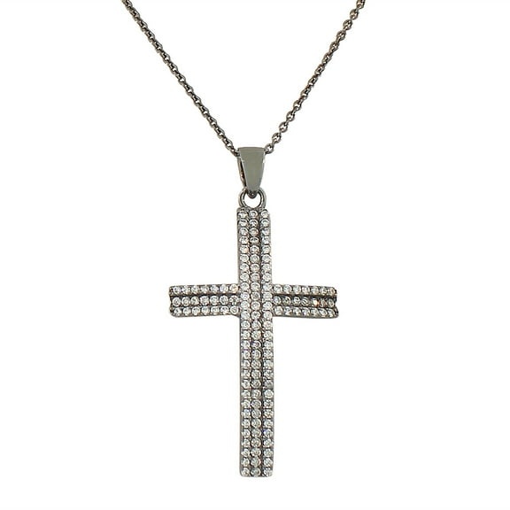 925 Sterling Silver Black Rhodium Plated Womens White CZ Curved Cross Religious Pendant Necklace