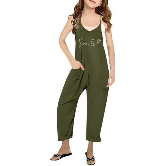 Tfken Girls Jumpsuit For Summer Letter Print V Neck Sleeveless Spaghetti Strap Onesie With Pockets Trendy Casual Kids Smooth Bodysuit Green Size 4-5 Years