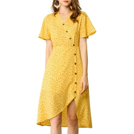 Allegra K Women's Casual Short Sleeve V Neck Asymmetrical High Low Floral Midi Dress XL Yellow