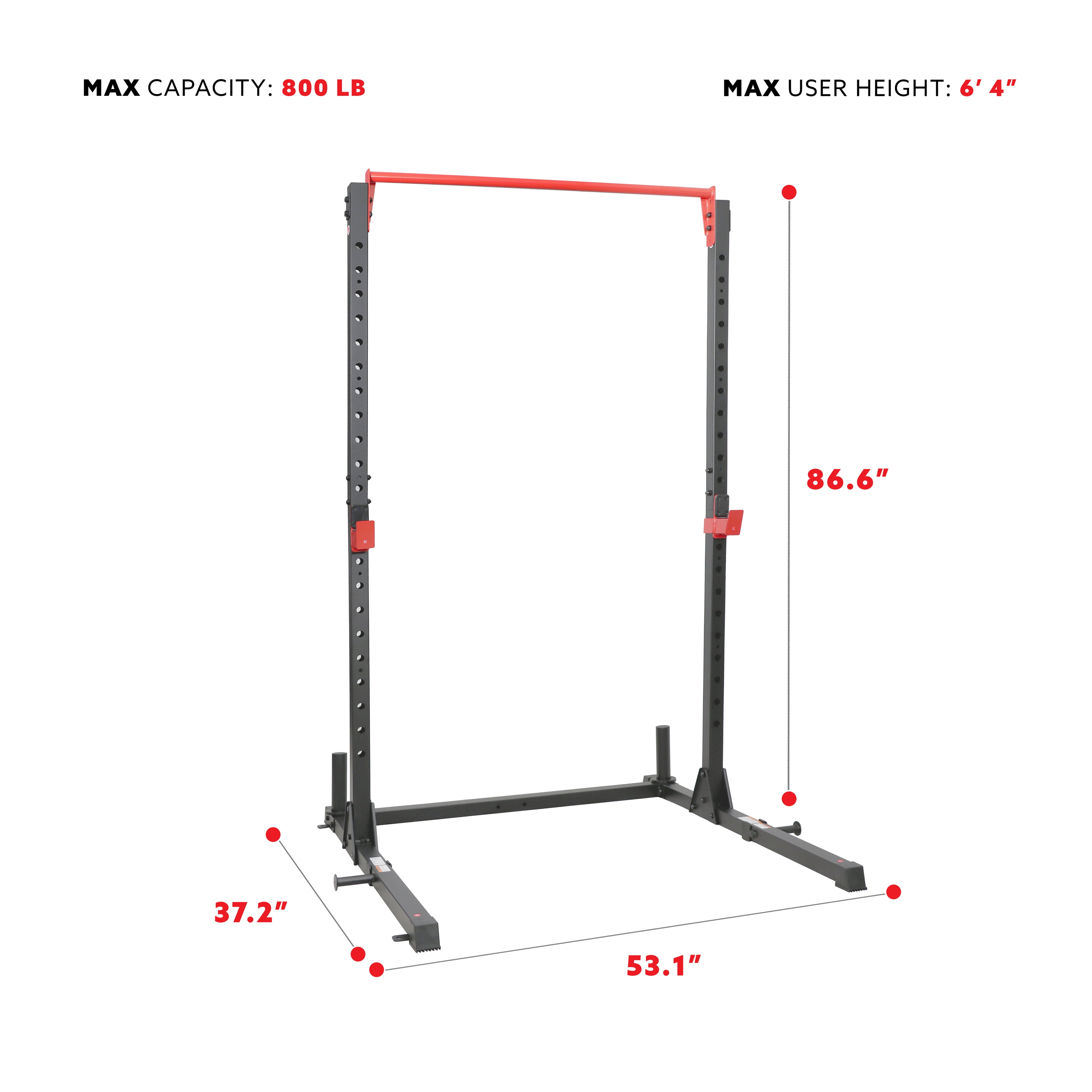 Sunny Health & Fitness Essential 800-lb High Capacity Power Rack Cage with Weight Plate Storage & Adjustable J-Hooks - SF-XF920063