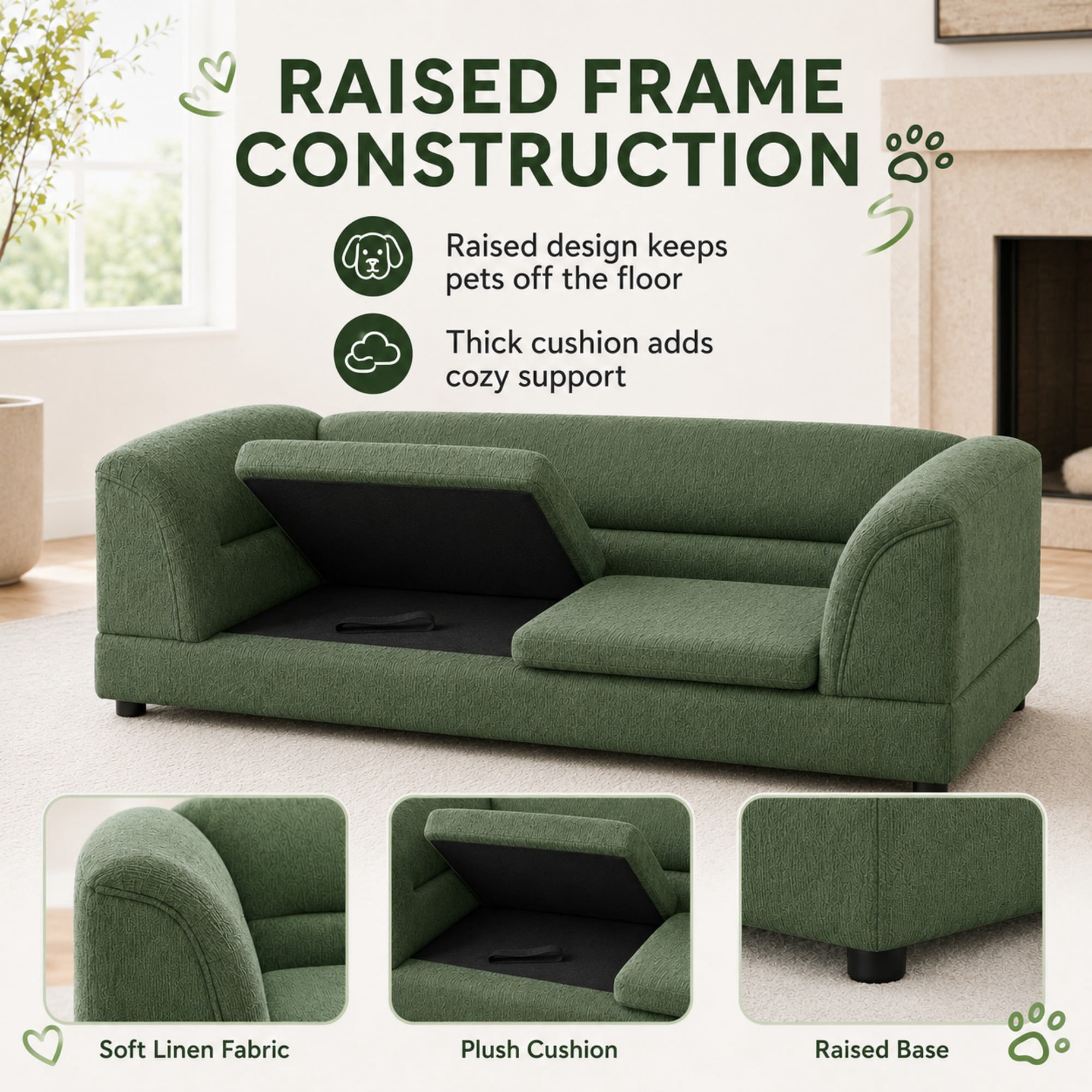 Aenkyo 52" Large Dog Sofa Bed, Linen Pet Couch with Removable Cushions, Green