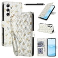 thumbnail image 1 of Wallet Case for Samsung Galaxy A14 , PU Leather Phone Cover Kickstand RFID Blocking Flip Case Card Slots Wrist Strap Relief Engraved Pattern Magnetic With Stylus Pen, Gold Flower, 1 of 10