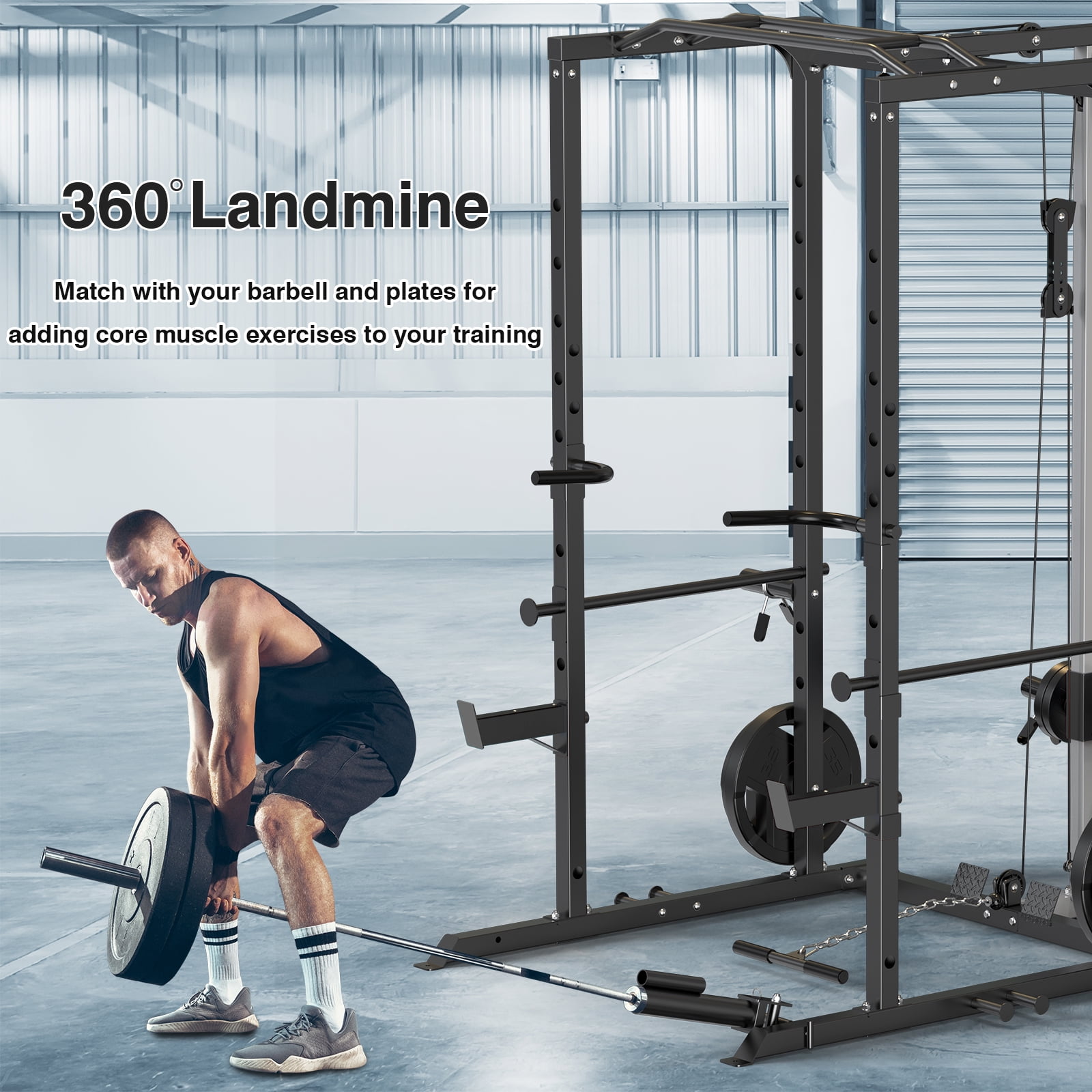 ULTRA FUEGO Power Cage, Multi-Functional Power Rack with J-Hooks, Dip Handles, Landmine Attachment and Optional Cable Pulley System for Home Gym,BLK