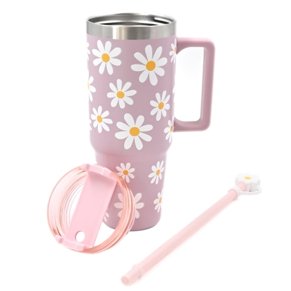 PartyAire® Daisy Stainless Steel Tumbler with Handle, Reusable Straw & Topper – Pink, 30 oz