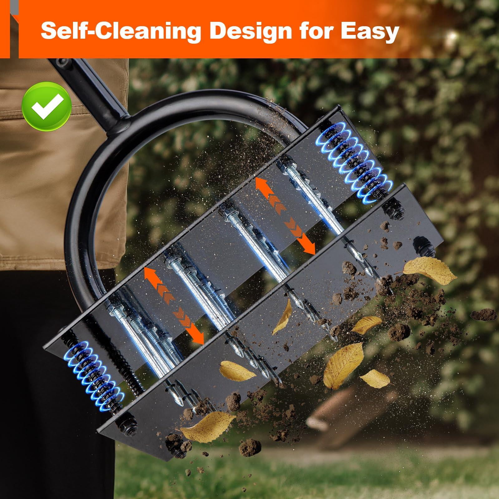 Lawn Aerator Tool - 16 Iron Spikes With T-handle  Automatic Dirt Clean For Soil Loosening & Yard Aeration Manual Metal Grass (black Orange)