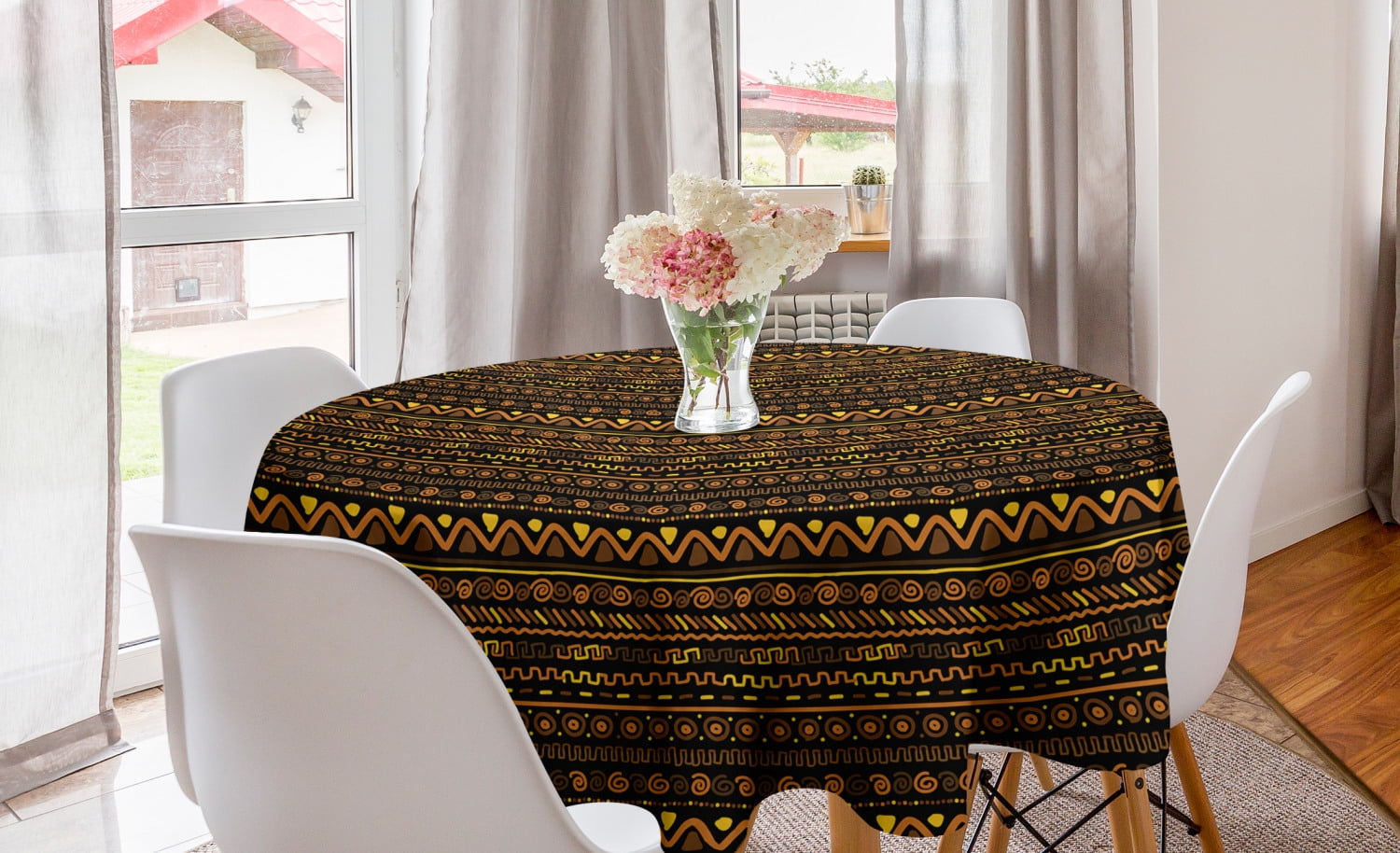 African Round Tablecloth, Chevron Zigzag Circles and Spirals Timeless