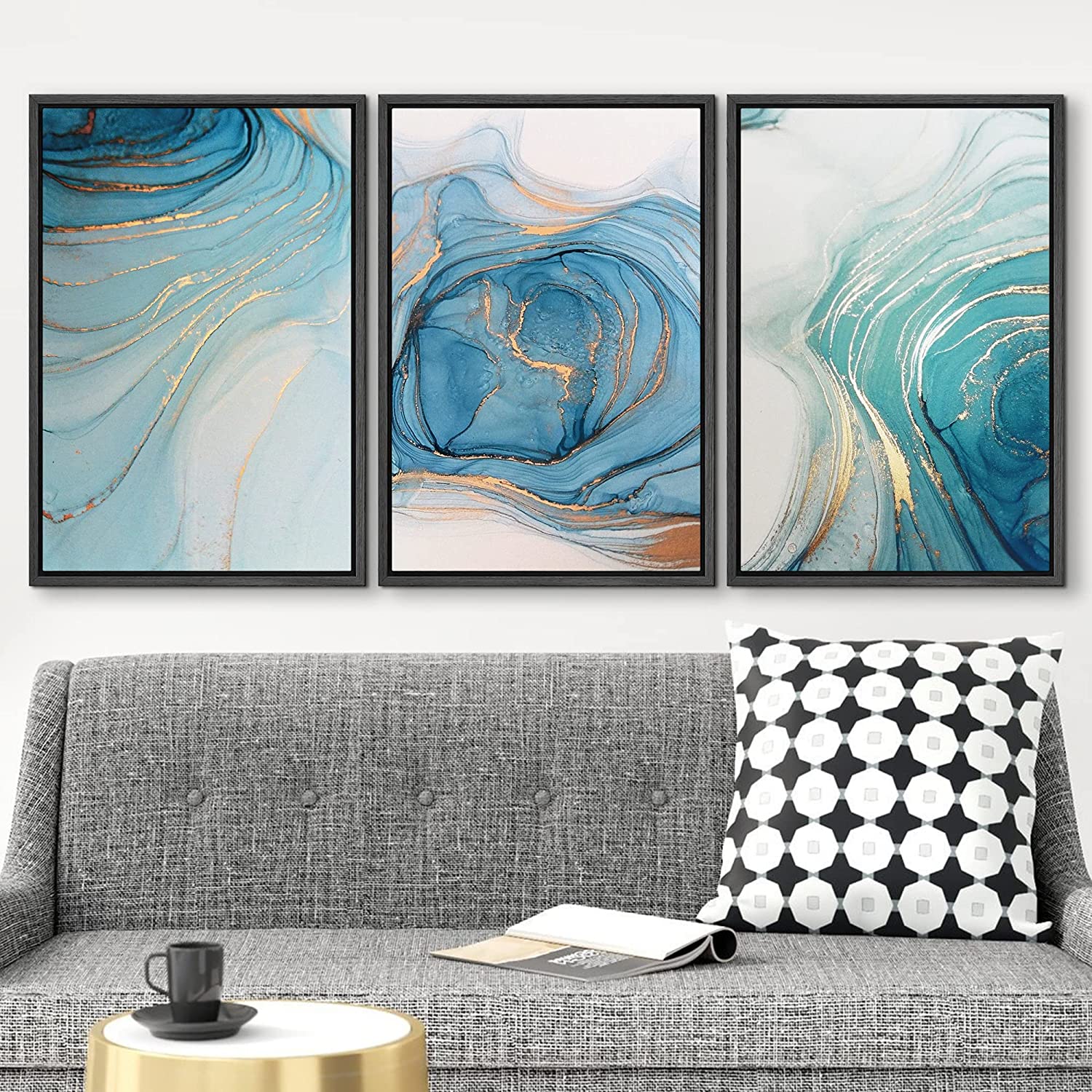 wall26 Framed Canvas Print Wall Art Set Pastel Gold Blue Teal Smoke Wave  Swirls Abstract Shapes Illustrations Modern Art Decorative Boho Colorful for  Living Room, Bedroom, Office 24