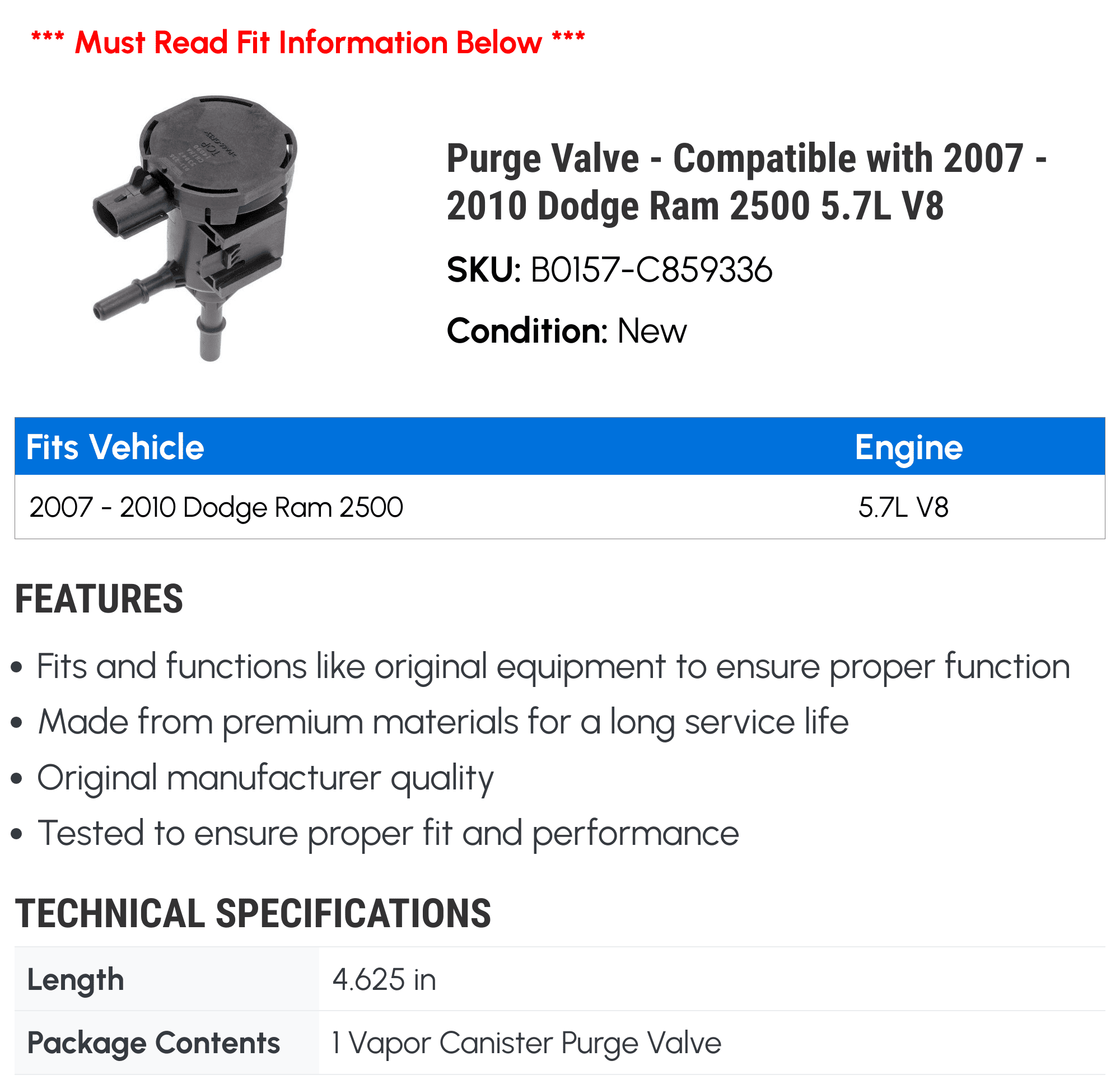 Purge Valve - Compatible with 2007 - 2010 Dodge Ram 2500 5.7L V8 - Dorman