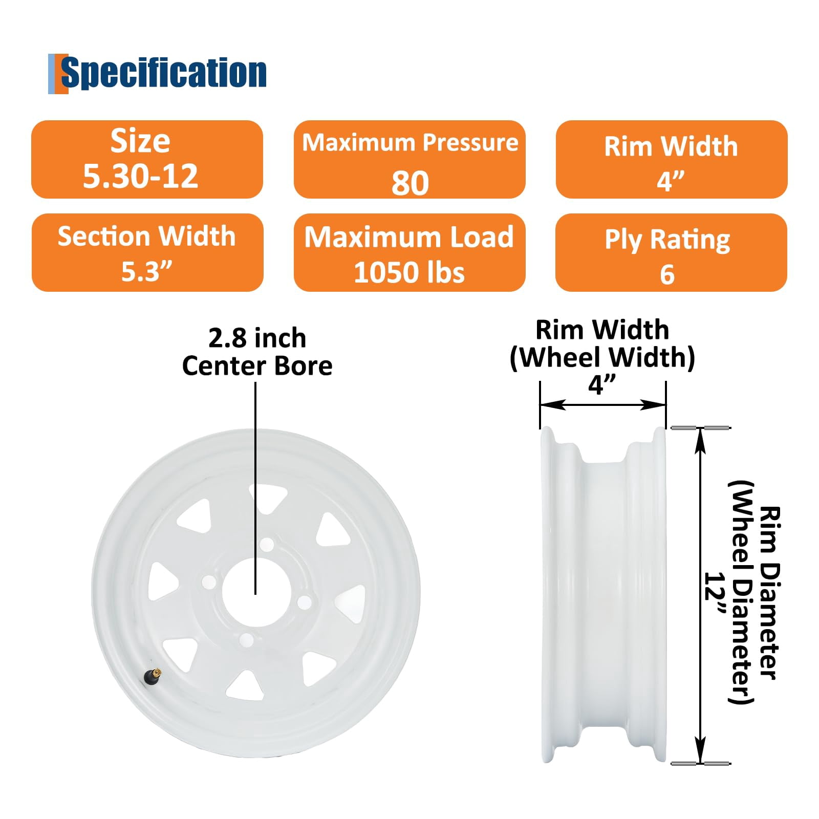 5.30-12 5.30x12 530-12 Trailer Tire and Wheel Assembly, Heavy-Duty Load Range C 6PR, 4 Lug, 12 Inch White Wheel for Utility/Boat/Camper Trailers, Set of 2