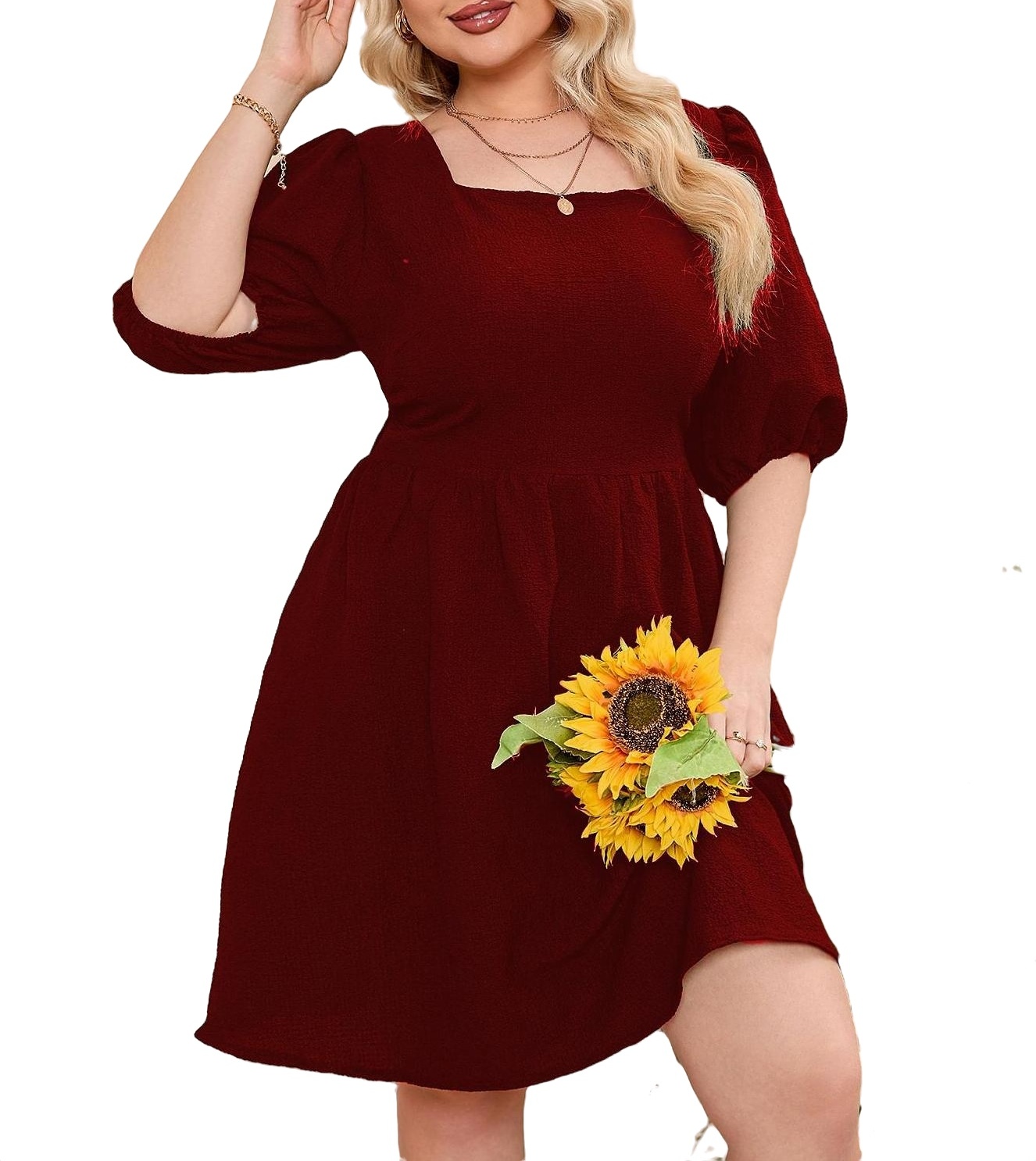 Elegant Square Neck A Line Dress ElbowLength Burgundy Plus Size
