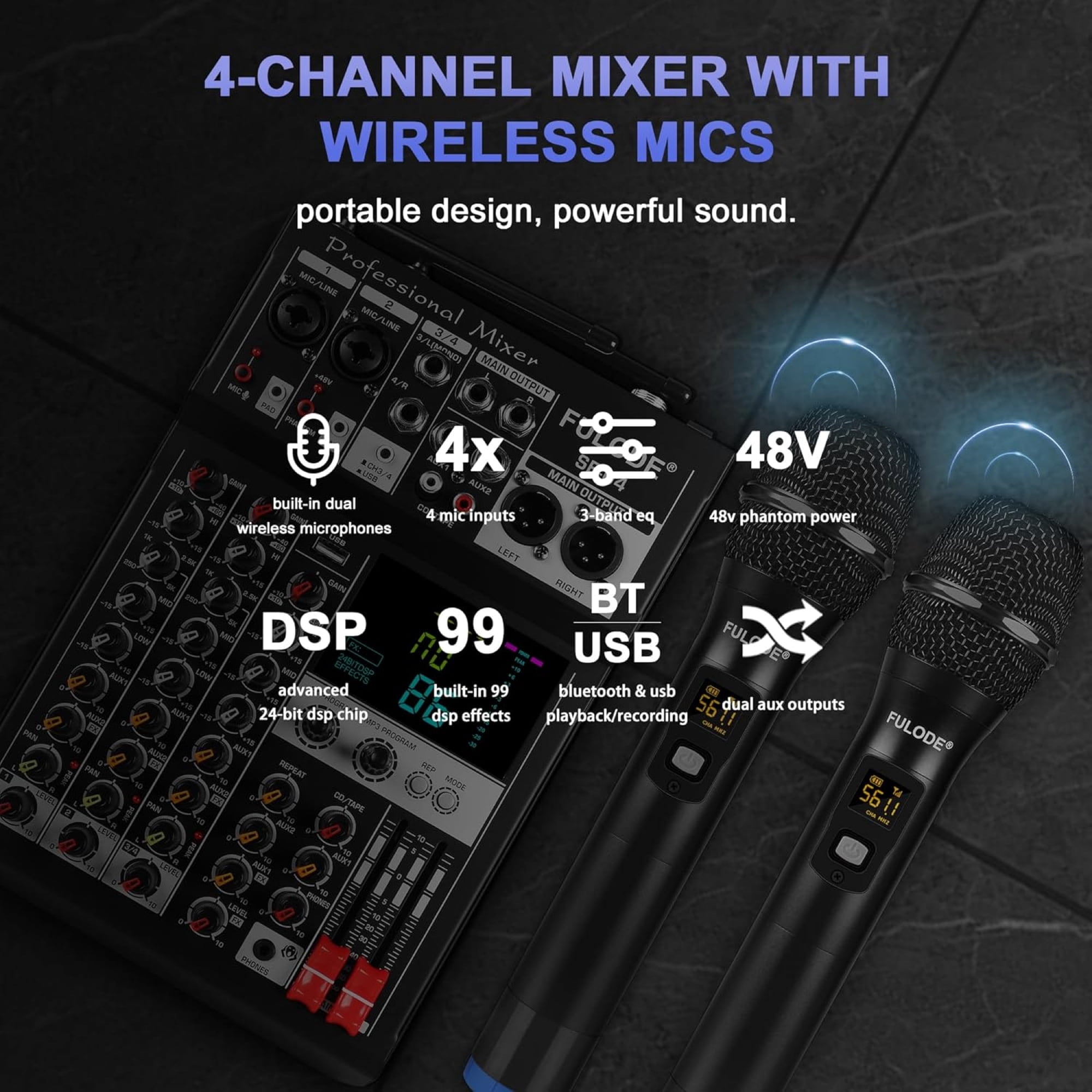 Audio Mixer, 4 Channel Sound Mixing Board With Dual Wireless Microphone & 99DSP, Professional DJ Console W/ MP3 Bluetooth 48V Phantom Power PAD USB Interface for Recording Home Karaoke Live Streaming