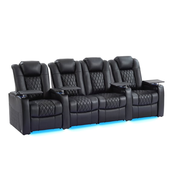 comfiroom Home Theater Seating Classic Series Top Grain Nappa Leather Loveseat Recliner Chair Dual Power Movie Theater Chairs Electric Headrest with Tray Table (Black, Row of 4 Loveseat Middle)