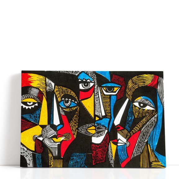 Modern illustration Abstract Art Print Linocut Style, Surreal Colored Faces - Wrapped Canvas Print Wall Art | 18" W x 12" H