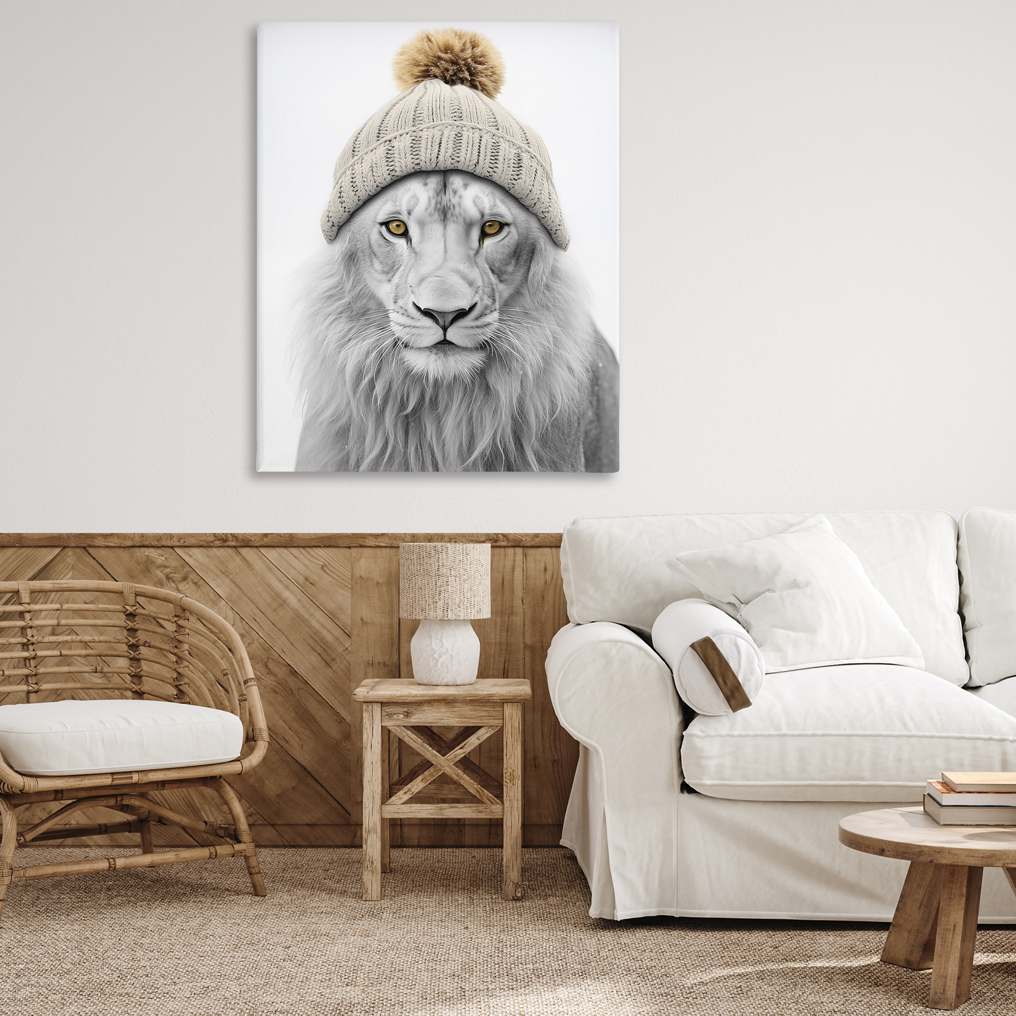 Stupell Industries Lion in Winter Hat Animals & Insects Painting Gallery Wrapped Canvas Art Print Wall Art, 36 x 48